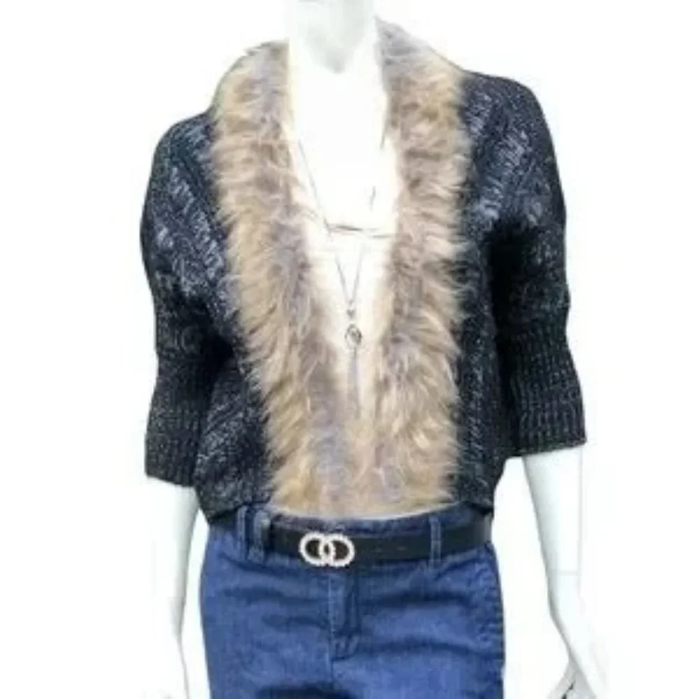 Knit Open Front Cardigan with Faux Fur Black and White Weave - Picture 3 of 6